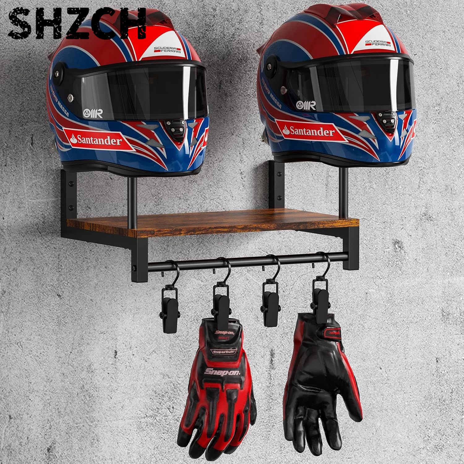 Motorcycle Gear Display Rack - Doppelter Motorradhelmhalter, Wandmontierter Holz-Displayständer mit Haken