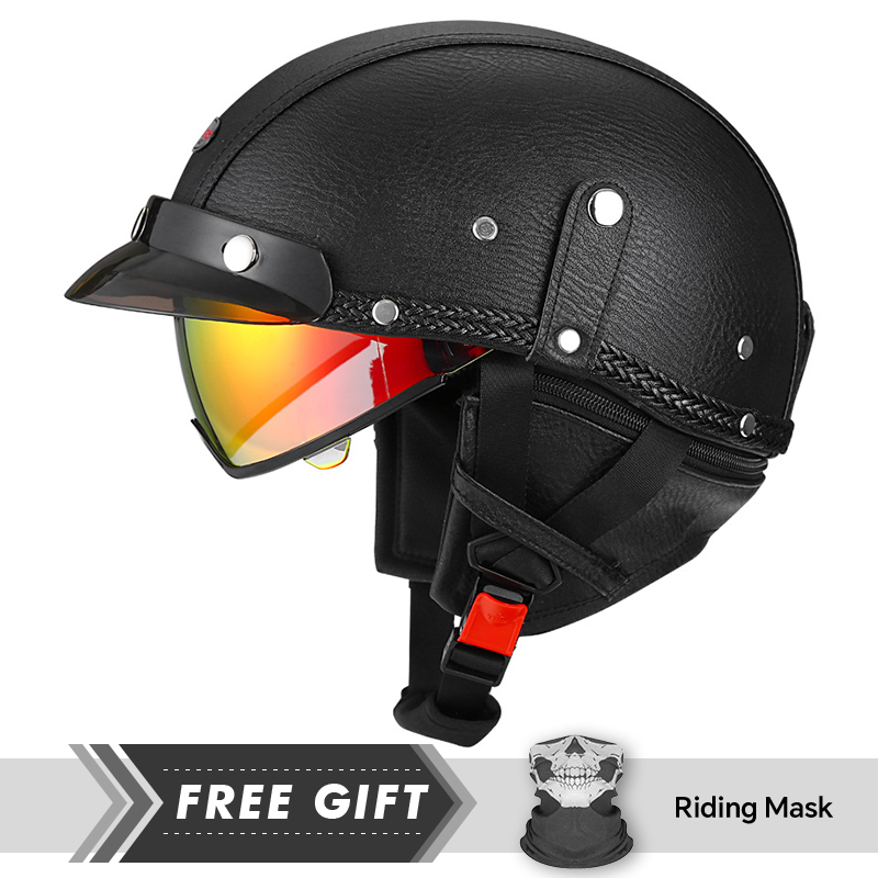 Motorcycle Gear Store - DOT-zugelassene Herren- und Damen-Halbgesichts-Motorradhelme, Leder, flacher